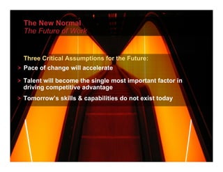 The New Normal
The Future of Work


Three Critical Assumptions for the Future:
Pace of change will accelerate

Talent will become the single most important factor in
driving competitive advantage
Tomorrow’s skills & capabilities do not exist today




                                                         4
 