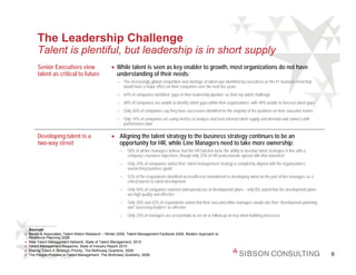 The Leadership Challenge
       Talent is plentiful, but leadership is in short supply
       Senior Executives view                    • While talent is seen as key enabler to growth, most organizations do not have
       talent as critical to future                understanding of their needs:
                                                    − The increasingly global competition and shortage of talent was identified by executives as the #1 business trend that
                                                      would have a major effect on their companies over the next five years
                                                    − 64% of companies identified “gaps in their leadership pipeline” as their top talent challenge
                                                    − 68% of companies are unable to identify talent gaps within their organizations, with 49% unable to forecast talent gaps
                                                    − Only 26% of companies say they have successors identified for the majority of the positions on their executive teams
                                                    − Only 14% of companies are using metrics to analyze and track internal talent supply and demand and connect with
                                                      performance data

       Developing talent is a                    • Aligning the talent strategy to the business strategy continues to be an
       two-way street                              opportunity for HR, while Line Managers need to take more ownership:
                                                      −   58% of all line managers believe that the HR function lacks the ability to develop talent strategies in line with a
                                                          company’s business objectives, though only 25% of HR professionals agreed with that statement
                                                      −   Only 24% of companies stated their “talent management strategy is completely aligned with the organization’s
                                                          overarching business goals”
                                                      −   52% of the respondents identified an insufficient commitment to developing talent on the part of line managers as a
                                                          critical barrier to talent development
                                                      −   Only 50% of companies reported widespread use of development plans – only 8% stated that the development plans
                                                          are high quality and effective
                                                      −   Only 28% and 42% of respondents stated that their executives/line managers would rate their “development planning”
                                                          and “assessing leaders” as effective
                                                      −   Only 33% of managers are accountable to act on or follow-up on key talent building processes


  Sources:
• Bersin & Associates; Talent Watch Research – Winter 2009, Talent Management Factbook 2009, Modern Approach to
  Workforce Planning 2008
• New Talent Management Network, State of Talent Management, 2010
• Talent Management Magazine, State of Industry Report 2010
• Making Talent A Strategic Priority, The McKinsey Quarterly, 2008
• The People Problem in Talent Management, The McKinsey Quarterly, 2006                                                                                                         6
 