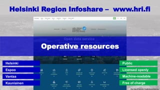 Helsinki Region Infoshare – www.hri.fi
The City of Helsinki Media Bank/SkyFoto
Licensed openly
Machine-readable
Free of charge
Public
Espoo
Vantaa
Kauniainen
Helsinki
Operative resources
 