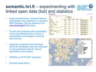 semantic.hri.fi  – experimenting with linked open data (lod) and statistics Experimental service. Includes Helsinki metropolitan area statistics in a semantic RDF-database. Source statistics from  www.aluesarjat.fi  (PC-Axis). To pilot and understand the possibilities of lod and statistical data in terms of compatibility and linkages to external data sources. Application programming interfaces aimed for developers who are interested in using statistical data for various applications and analysis. SPARQL ja HTTP GET interfaces. Example applications. 