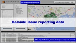 Helsinki issue reporting data
DATA: https://hri.fi/data/en_GB/dataset/helsingin-kaupungin-palauterajapinta
http://bit.ly/testaatekstianalytiikkaa
 