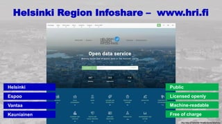 Helsinki Region Infoshare – www.hri.fi
The City of Helsinki Media Bank/SkyFoto
Licensed openly
Machine-readable
Free of charge
Public
Espoo
Vantaa
Kauniainen
Helsinki
 