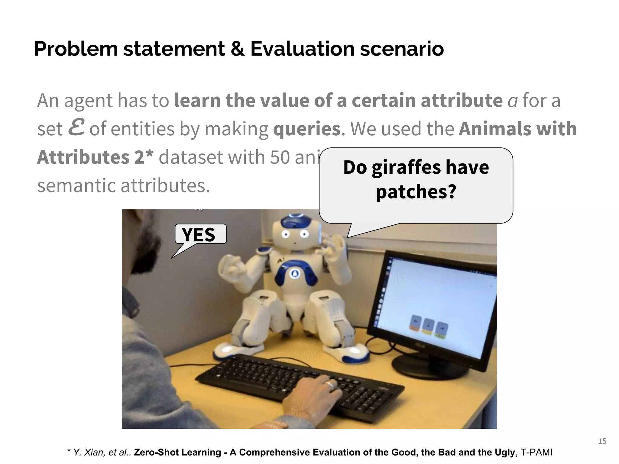 An agent has to learn the value of a certain attribute a for a
set E of entities by making queries. We used the Animals with
Attributes 2* dataset with 50 animals (entities) and 85
semantic attributes.
Problem statement & Evaluation scenario
15
* Y. Xian, et al.. Zero-Shot Learning - A Comprehensive Evaluation of the Good, the Bad and the Ugly, T-PAMI
YES
Do giraffes have
patches?
 