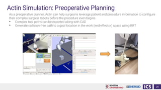 Actin Simulation: Preoperative Planning
As a preoperative planner, Actin can help surgeons leverage patient and procedure information to configure
their complex surgical robots before the procedure even begins
• Complex tool paths can be exported along with CAD
• Generate collision-free path to a goal location in the work (end-effector) space using RRT
20
 
