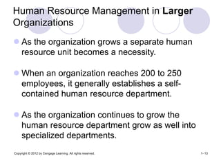 Copyright © 2012 by Cengage Learning. All rights reserved. 1- 13
Human Resource Management in Larger
Organizations
 As the organization grows a separate human
resource unit becomes a necessity.
 When an organization reaches 200 to 250
employees, it generally establishes a self-
contained human resource department.
 As the organization continues to grow the
human resource department grow as well into
specialized departments.
 