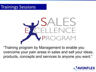 “Training program by Management to enable you
overcome your pain areas in sales and sell your ideas,
products, concepts and services to anyone you want.”
Trainings Sessions
 
