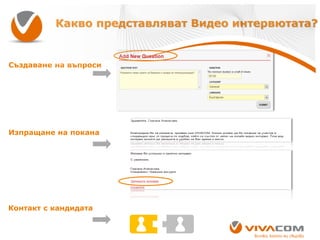 Какво представляват Видео интервютата?

Създаване на въпроси

Изпращане на покана

Контакт с кандидата

 