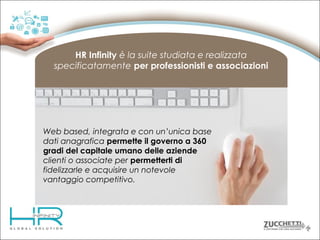 HR Infinity è la suite studiata e realizzata
specificatamente per professionisti e associazioni

Web based, integrata e con un’unica base
dati anagrafica permette il governo a 360
gradi del capitale umano delle aziende
clienti o associate per permetterti di
fidelizzarle e acquisire un notevole
vantaggio competitivo.

 