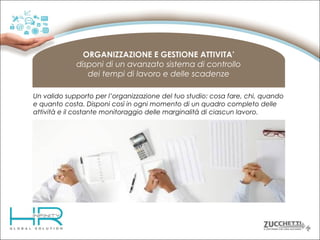 ORGANIZZAZIONE E GESTIONE ATTIVITA’
disponi di un avanzato sistema di controllo
dei tempi di lavoro e delle scadenze
Un valido supporto per l’organizzazione del tuo studio: cosa fare, chi, quando
e quanto costa. Disponi così in ogni momento di un quadro completo delle
attività e il costante monitoraggio delle marginalità di ciascun lavoro.

 