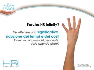 Perché HR Infinity?
Per ottenere una significativa

riduzione dei tempi e dei costi
di amministrazione del personale
delle aziende clienti.

 