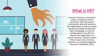 What Is HR?
A human resource is one person
within a company's overall
workforce, with each person
lending their skills and...