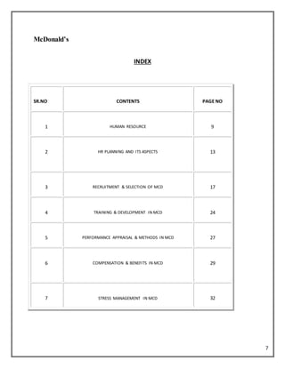 7
McDonald’s
INDEX
SR.NO CONTENTS PAGE NO
1 HUMAN RESOURCE 9
2 HR PLANNING AND ITS ASPECTS 13
3 RECRUITMENT & SELECTION OF MCD 17
4 TRAINING & DEVELOPMENT IN MCD 24
5 PERFORMANCE APPRAISAL & METHODS IN MCD 27
6 COMPENSATION & BENEFITS IN MCD 29
7 STRESS MANAGEMENT IN MCD 32
 