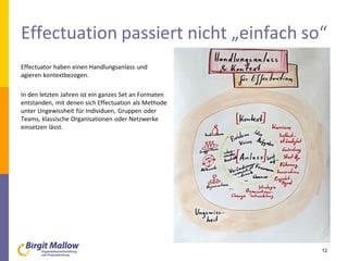 Effectuation passiert nicht „einfach so“
12
Effectuator haben einen Handlungsanlass und
agieren kontextbezogen.
In den letzten Jahren ist ein ganzes Set an Formaten
entstanden, mit denen sich Effectuation als Methode
unter Ungewissheit für Individuen, Gruppen oder
Teams, klassische Organisationen oder Netzwerke
einsetzen lässt.
 
