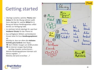 Getting started
26
1. Überlegt zunächst, welches Thema oder
Anlass Ihr für die Übung nehmen wollt.
Dann überlegt Ihr, welche Mittel Ihr in
Bezug auf diesen Handlungsanlass selbst
bereits zur Verfügung habt.
2. Im nächsten Schritt überlegt ihr, was Euer
leistbarer Einsatz für das Thema ist.
3. Aus verfügbaren Mitteln und leistbarem
Einsatz leitet Ihr Eure Handlungsoptionen
ab:
Wichtig ist, dass vor allem die nächsten
Schritte ganz konkret sind. Bspw.:
 Herrn Müller morgen um 10:00 anrufen
 Im Internet morgen Nachmittag
wichtige Aspekte recherchieren…
Welche Handlungsoptionen könnten sich
daraus ergeben …?
Welches Ziel wird erreichbar …?
[Tool]
 