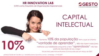 professor Daniel de Carvalho Luz | daniel@universocorporativo.com.br | whatsApp 15 9 9126 5571 4
“Somente 10% da população tem o que se chama
“vontade de aprender”. 90% não fazem nada para
melhorar suas habilidades enquanto o item “aprendizado” não fizer
parte da descrição do seu cargo.”
Estudo feito pela Harvard Business School publicado em Março de 2007.
CAPITAL
INTELECTUAL
HR INNOVATION LAB
O RH como Arquiteto de Organizações Exponenciais
 