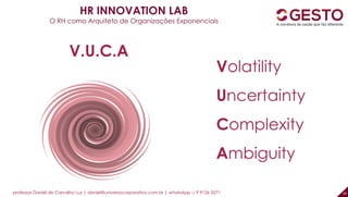 Volatility
Uncertainty
Complexity
Ambiguity
V.U.C.A
professor Daniel de Carvalho Luz | daniel@universocorporativo.com.br | whatsApp 15 9 9126 5571 40
HR INNOVATION LAB
O RH como Arquiteto de Organizações Exponenciais
 