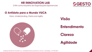 professor Daniel de Carvalho Luz | daniel@universocorporativo.com.br | whatsApp 15 9 9126 5571 42
O Antídoto para o Mundo VUCA
Visão
Entendimento
Clareza
Agilidade
Vision, Understanding, Clarity and Agility
HR INNOVATION LAB
O RH como Arquiteto de Organizações Exponenciais
 