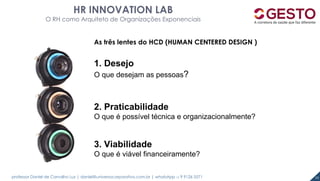 professor Daniel de Carvalho Luz | daniel@universocorporativo.com.br | whatsApp 15 9 9126 5571 53
HR INNOVATION LAB
O RH como Arquiteto de Organizações Exponenciais
As três lentes do HCD (HUMAN CENTERED DESIGN )
1. Desejo
O que desejam as pessoas?
2. Praticabilidade
O que é possível técnica e organizacionalmente?
3. Viabilidade
O que é viável financeiramente?
 