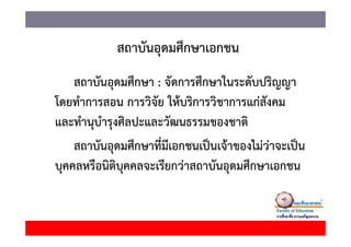 สถาบันอุดมศึกษาเอกชน
    สถาบันอุดมศึกษา : จัดการศึกษาในระดับปริญญา
โดยทํ
โ าการสอน การวิจัย ใ ้บริการวิชาการแก่สังคม
                        ให้
และทานุบารุงศลปะและวฒนธรรมของชาต
และทํานบํารงศิลปะและวัฒนธรรมของชาติ
    สถาบันอุุดมศึกษาที่มีเอกชนเป็นเจ้าของไม่ว่าจะเป็น
บุคคลหรือนิติบุคคลจะเรียกว่าสถาบันอุดมศึกษาเอกชน
 