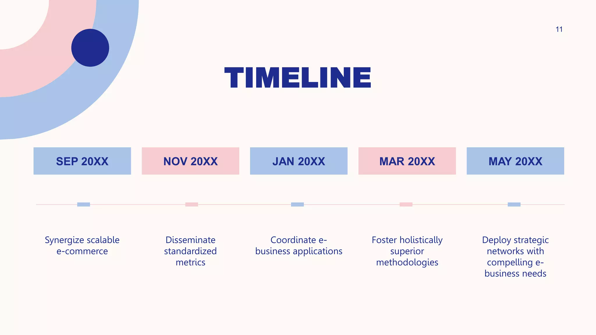 TIMELINE
11
SEP 20XX NOV 20XX JAN 20XX MAR 20XX MAY 20XX
Synergize scalable
e-commerce
Disseminate
standardized
metrics
Coordinate e-
business applications
Foster holistically
superior
methodologies
Deploy strategic
networks with
compelling e-
business needs
 