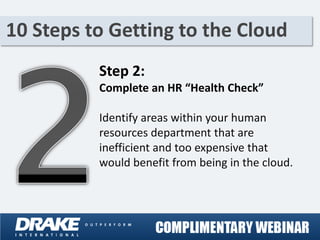 10 Steps to Getting to the Cloud
          Step 2:
          Complete an HR “Health Check”

          Identify areas within your human
          resources department that are
          inefficient and too expensive that
          would benefit from being in the cloud.
 