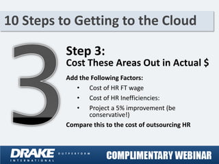 10 Steps to Getting to the Cloud

          Step 3:
          Cost These Areas Out in Actual $
          Add the Following Factors:
             • Cost of HR FT wage
             • Cost of HR Inefficiencies:
             • Project a 5% improvement (be
                 conservative!)
          Compare this to the cost of outsourcing HR
 