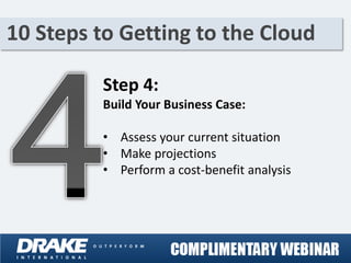 10 Steps to Getting to the Cloud

         Step 4:
         Build Your Business Case:

         • Assess your current situation
         • Make projections
         • Perform a cost-benefit analysis
 