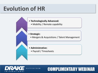 Evolution of HR
         • Technologically Advanced:
           • Mobility / Remote capability


         • Strategic:
           • Mergers & Acquisitions / Talent Management



         • Administrative:
           • Payroll / Timesheets
 