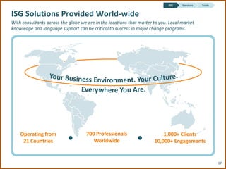 ISG    Services   Tools


ISG Solutions Provided World-wide
With consultants across the globe we are in the locations that matter to you. Local market
knowledge and language support can be critical to success in major change programs.




    Operating from                  700 Professionals                     1,000+ Clients
     21 Countries                      Worldwide                      10,000+ Engagements


                                                                                                       17
 