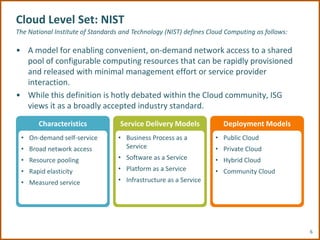 Cloud Level Set: NIST
The National Institute of Standards and Technology (NIST) defines Cloud Computing as follows:

• A model for enabling convenient, on-demand network access to a shared
  pool of configurable computing resources that can be rapidly provisioned
  and released with minimal management effort or service provider
  interaction.
• While this definition is hotly debated within the Cloud community, ISG
  views it as a broadly accepted industry standard.
       Characteristics             Service Delivery Models             Deployment Models
 • On-demand self-service          • Business Process as a          • Public Cloud
 • Broad network access              Service                        • Private Cloud
 • Resource pooling                • Software as a Service          • Hybrid Cloud
 • Rapid elasticity                • Platform as a Service          • Community Cloud
 • Measured service                • Infrastructure as a Service




                                                                                                6
 