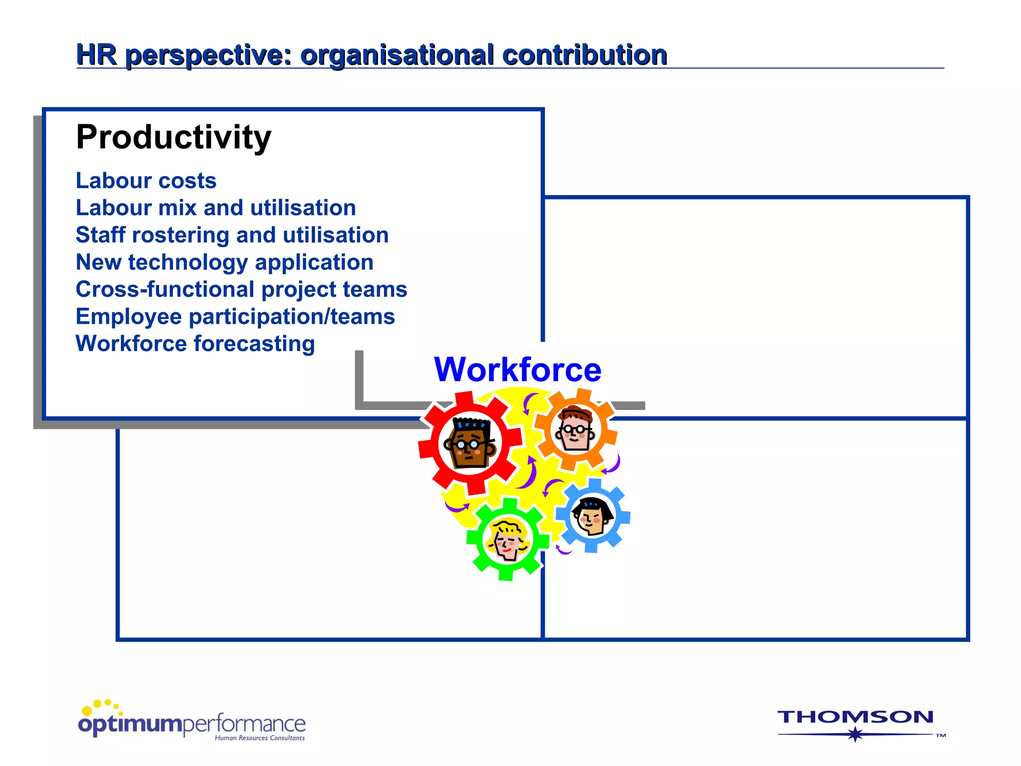 HR perspective: organisational contribution

Productivity
Labour costs
Labour mix and utilisation
Staff rostering and utilisation
New technology application
Cross-functional project teams
Employee participation/teams
Workforce forecasting
                                  Workforce
 