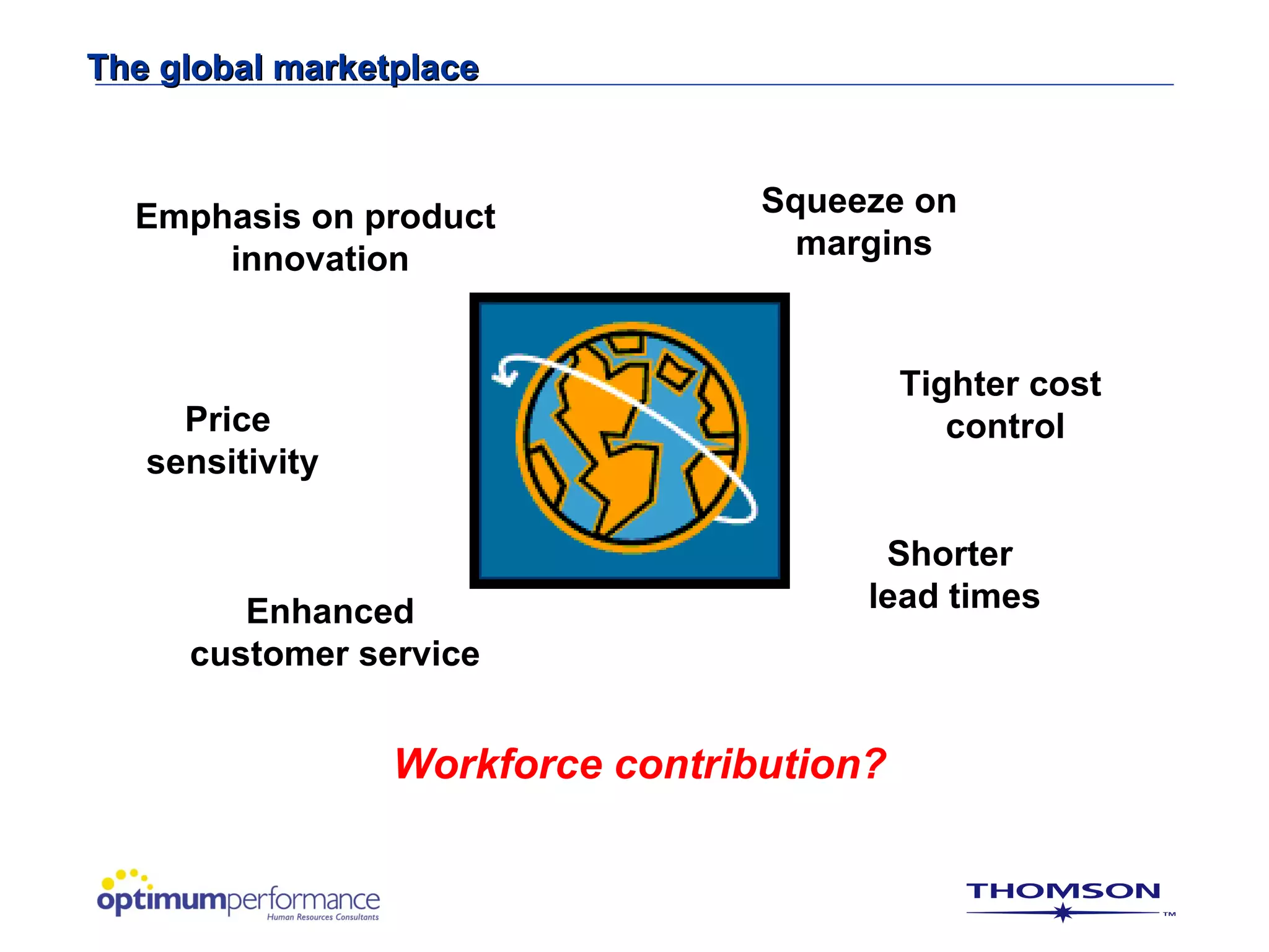 The global marketplace



  Emphasis on product             Squeeze on
      innovation                    margins


                                           Tighter cost
     Price                                    control
   sensitivity

                                        Shorter
        Enhanced                       lead times
     customer service


                 Workforce contribution?
 