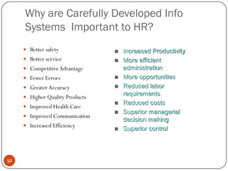 Why are Carefully Developed Info
     Systems Important to HR?
      Better safety                Increased Productivity
      Better service               More efficient
      Competitive Advantage         administration
      Fewer Errors                 More opportunities
      Greater Accuracy             Reduced labor
                                     requirements
      Higher Quality Products
                                    Reduced costs
      Improved Health Care
                                    Superior managerial
      Improved Communication
                                     decision making
      Increased Efficiency
                                    Superior control




10
 