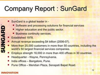 Company Report : SunGardCompany Report : SunGard
 SunGard is a global leader in -
 Software and processing solutions for financial services
 Higher education and the public sector. 
 Business continuity services.  
 Established 1978.
 Annual revenue exceeding $4 billion (2006-07).
 More than 25,000 customers in more than 50 countries, including the
world's 50 largest financial services companies.
 Employs strength 16,000 in more than 400 offices in 30 countries. 
 Headquarter - Wayne, Pennsylvania.
 India offices – Bangalore, Pune.
 Pune Office – Meridian Plaza, Senapati Bapat Road.
12
 