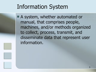 Information System A system, whether automated or manual, that comprises people, machines, and/or methods organized to collect, process, transmit, and disseminate data that represent user information. 