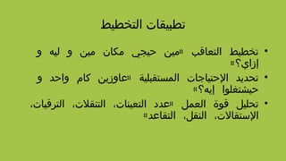 ‫التخطيط‬ ‫تطبيقات‬
•»‫و‬ ‫ليه‬ ‫و‬ ‫مين‬ ‫مكان‬ ‫حيجي‬ ‫مين‬ ‫التعاقب‬ ‫تخطيط‬
«‫إزاي؟‬
•»‫و‬ ‫واحد‬ ‫كام‬ ‫عاوزين‬ ‫المستقبلية‬ ‫الحتياجات‬ ‫تحديد‬
«‫إيه؟‬ ‫حيشتغلوا‬
•»،‫الترقيات‬ ،‫التنقلت‬ ،‫التعينات‬ ‫عدد‬ ‫العمل‬ ‫قوة‬ ‫تحليل‬
«‫التقاعد‬ ،‫النقل‬ ،‫الستقالت‬
 