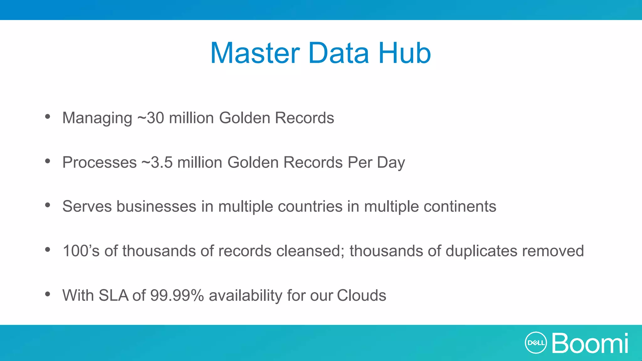 Master Data Hub • Managing ~30 million Golden Records • Processes ~3.5 million Golden Records Per Day • Serves businesses in multiple countries in multiple continents • 100’s of thousands of records cleansed; thousands of duplicates removed • With SLA of 99.99% availability for our Clouds 