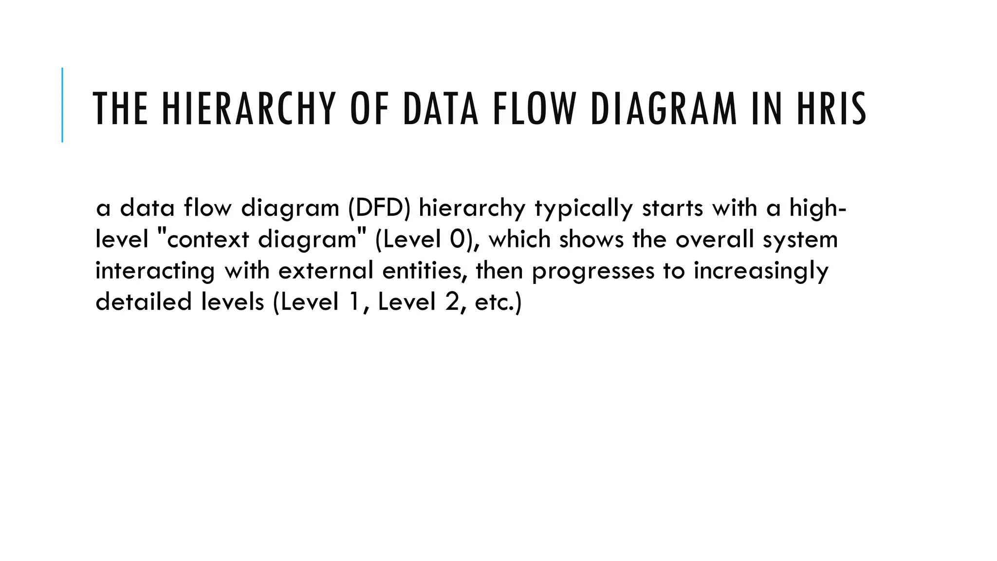 THE HIERARCHY OF DATA FLOW DIAGRAM IN HRIS
a data flow diagram (DFD) hierarchy typically starts with a high-
level "context diagram" (Level 0), which shows the overall system
interacting with external entities, then progresses to increasingly
detailed levels (Level 1, Level 2, etc.)
 