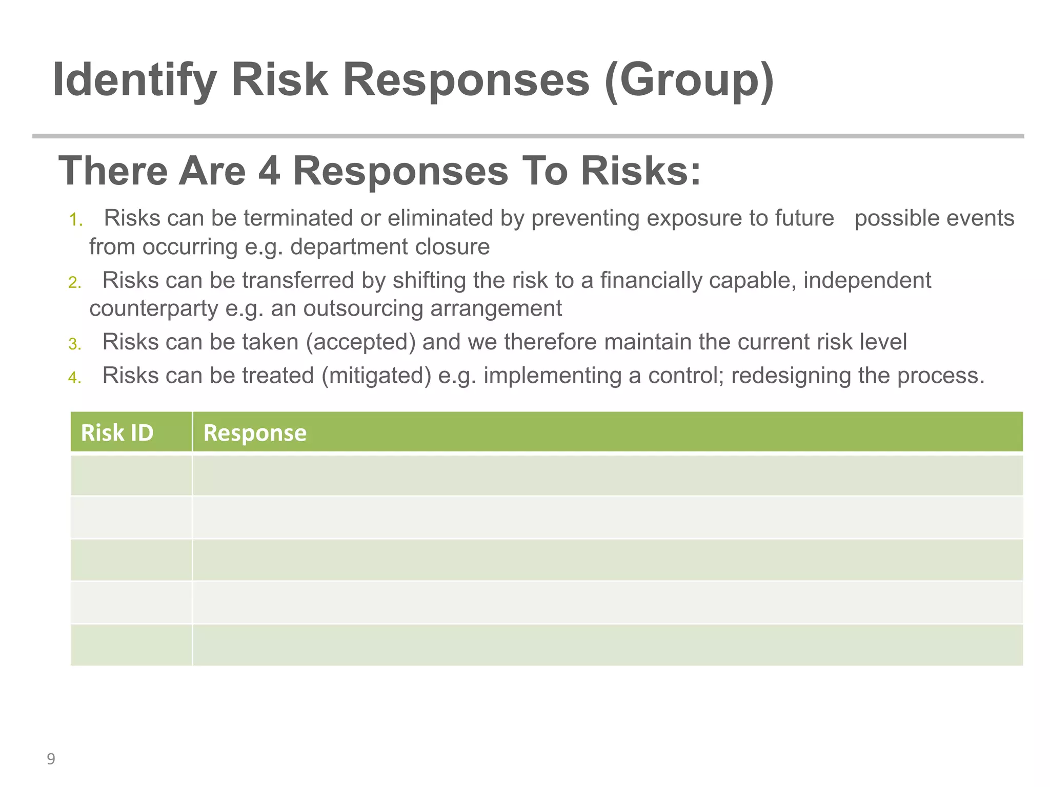 Identify Risk Responses (Group)
    There Are 4 Responses To Risks:
    1.     Risks can be terminated or eliminated by preventing exposure to future possible events
         from occurring e.g. department closure
    2.     Risks can be transferred by shifting the risk to a financially capable, independent
         counterparty e.g. an outsourcing arrangement
    3.     Risks can be taken (accepted) and we therefore maintain the current risk level
    4.     Risks can be treated (mitigated) e.g. implementing a control; redesigning the process.

     Risk ID       Response




9
 