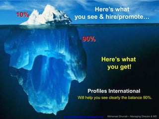 Here’s what you see & hire/promote…10%90%Here’s what you get!Profiles International Will help you see clearly the balance 90%.Mohamad Shurrab – Managing Director & MDhttp://profilesarabia.blogspot.com/