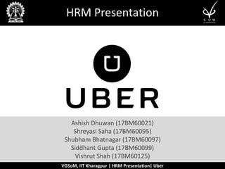 VGSoM, IIT Kharagpur | HRM Presentation| Uber
Ashish Dhuwan (17BM60021)
Shreyasi Saha (17BM60095)
Shubham Bhatnagar (17BM60097)
Siddhant Gupta (17BM60099)
Vishrut Shah (17BM60125)
HRM Presentation
VGSoM, IIT Kharagpur | HRM Presentation| Uber
 