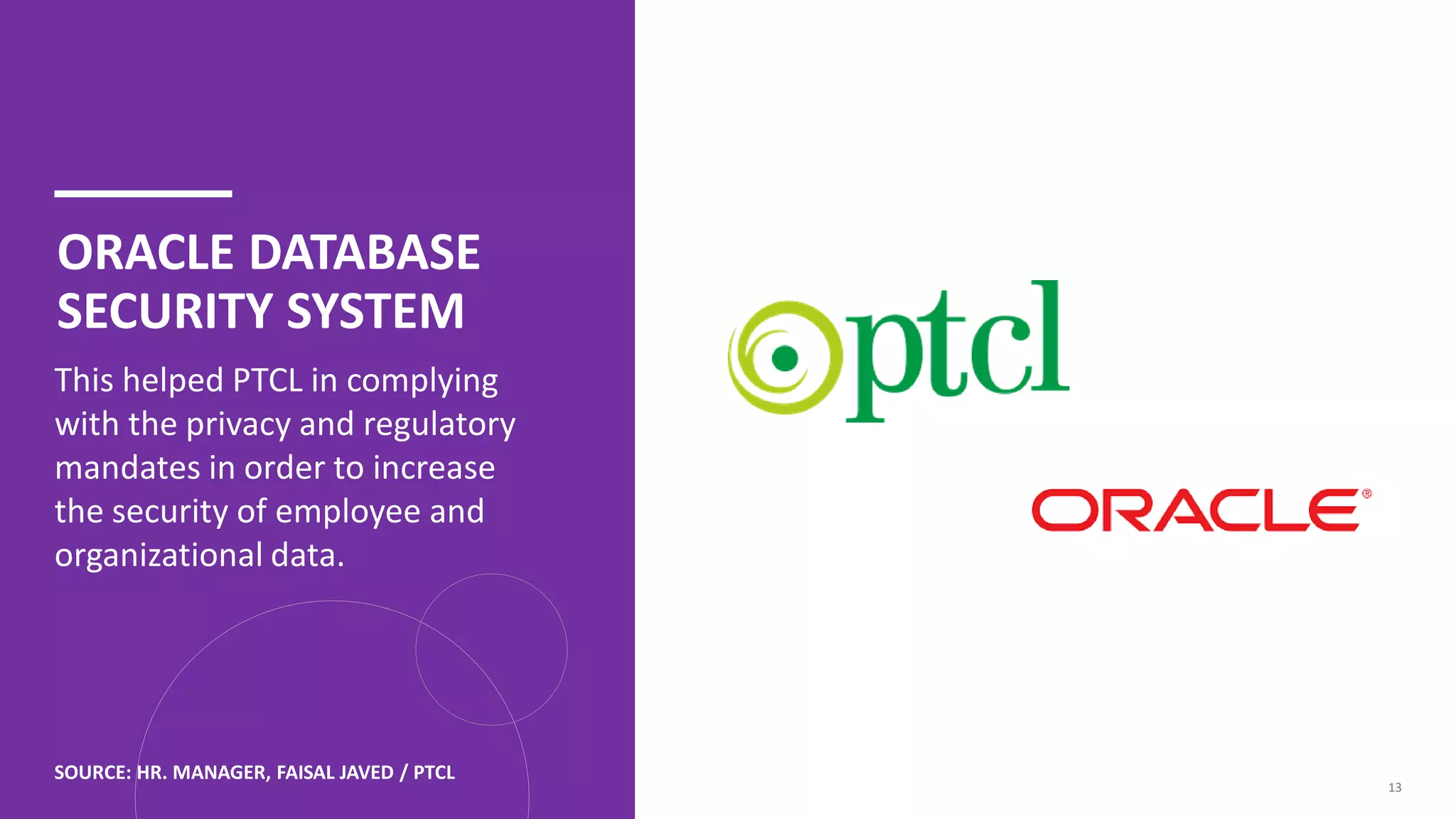 ORACLE DATABASE
SECURITY SYSTEM
This helped PTCL in complying
with the privacy and regulatory
mandates in order to increase
the security of employee and
organizational data.
13
SOURCE: HR. MANAGER, FAISAL JAVED / PTCL
 