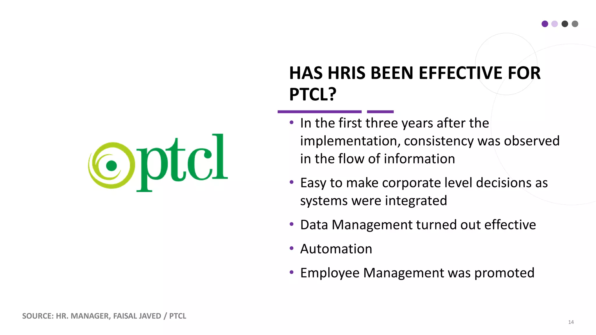 HAS HRIS BEEN EFFECTIVE FOR
PTCL?
• In the first three years after the
implementation, consistency was observed
in the flow of information
• Easy to make corporate level decisions as
systems were integrated
• Data Management turned out effective
• Automation
• Employee Management was promoted
14
SOURCE: HR. MANAGER, FAISAL JAVED / PTCL
 