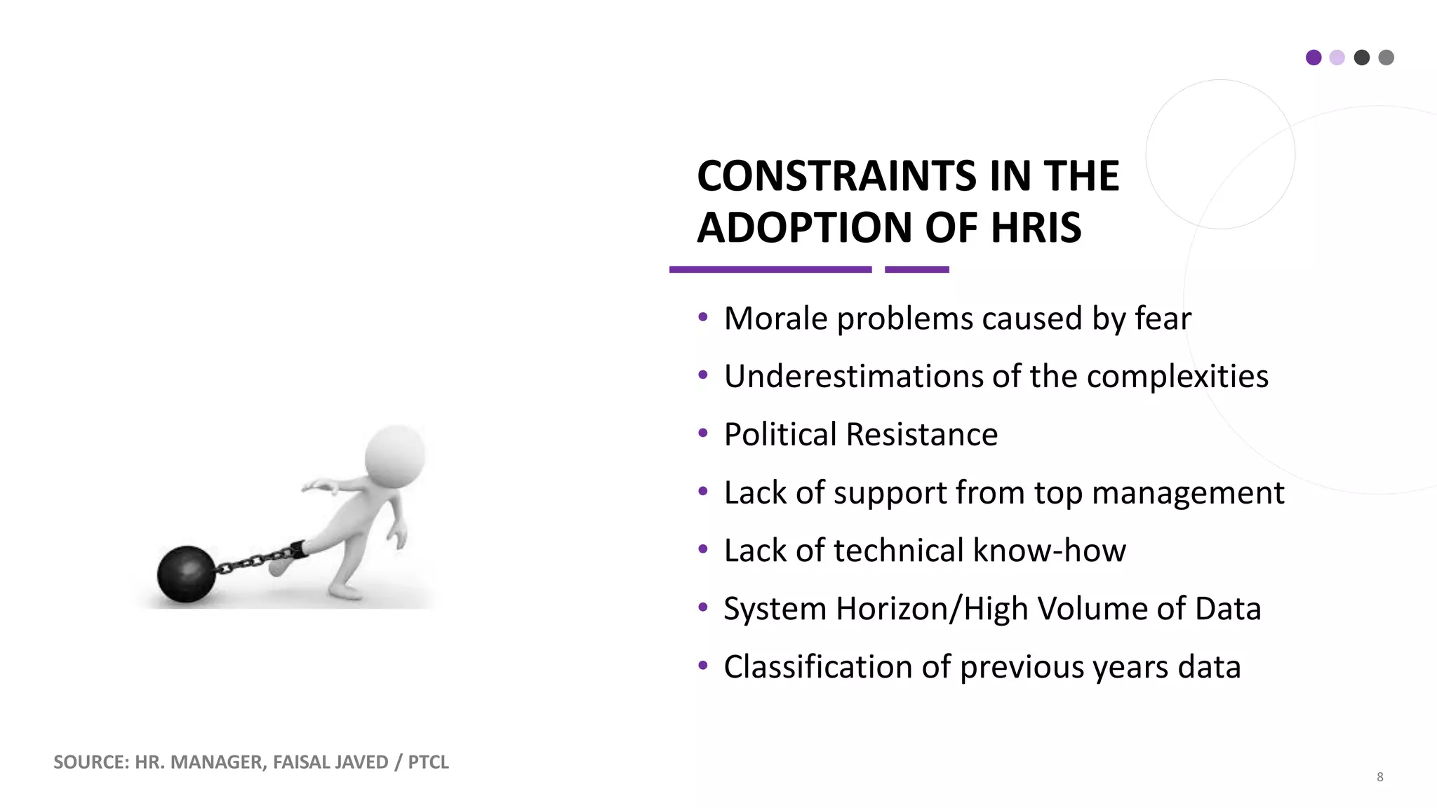 CONSTRAINTS IN THE
ADOPTION OF HRIS
• Morale problems caused by fear
• Underestimations of the complexities
• Political Resistance
• Lack of support from top management
• Lack of technical know-how
• System Horizon/High Volume of Data
• Classification of previous years data
8
SOURCE: HR. MANAGER, FAISAL JAVED / PTCL
 