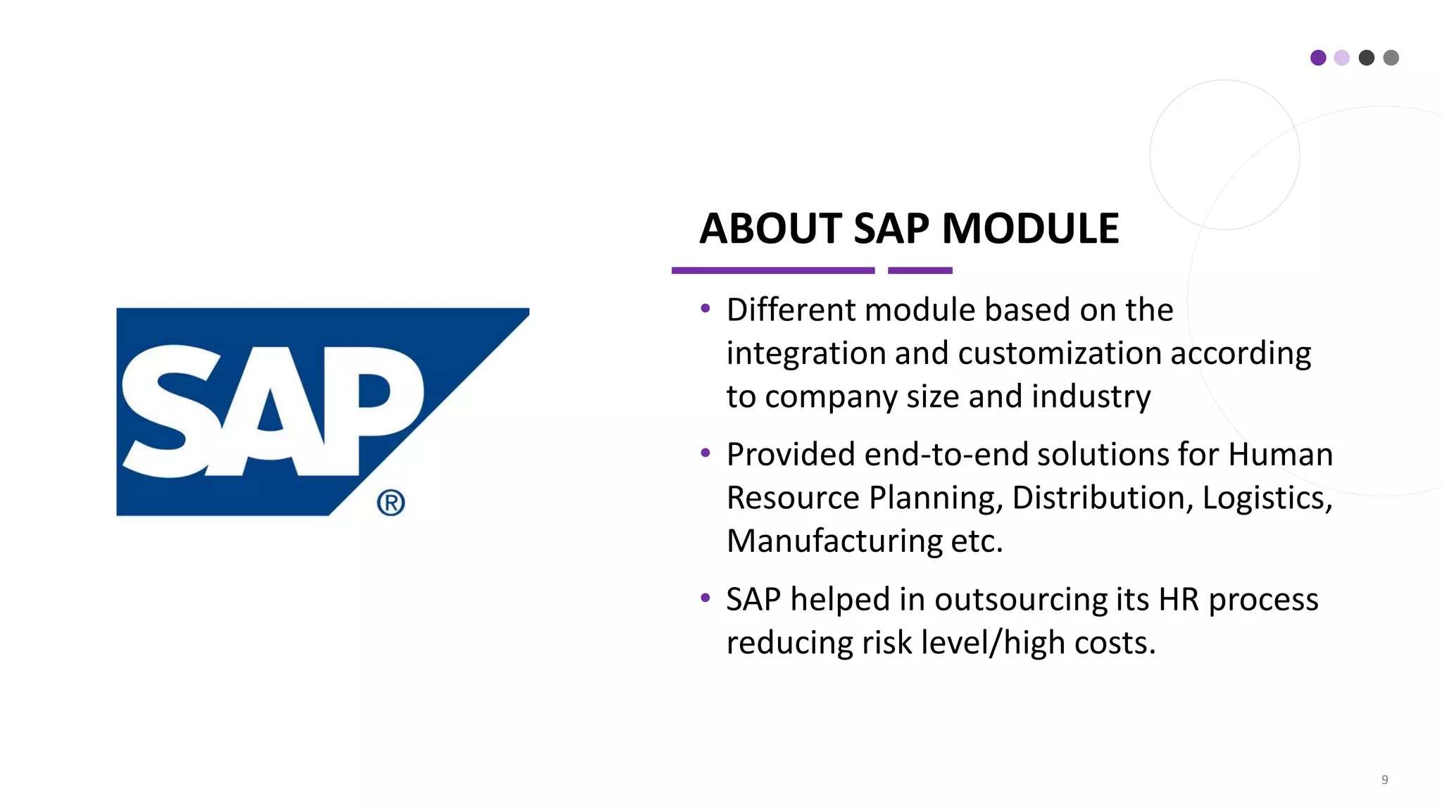 ABOUT SAP MODULE
• Different module based on the
integration and customization according
to company size and industry
• Provided end-to-end solutions for Human
Resource Planning, Distribution, Logistics,
Manufacturing etc.
• SAP helped in outsourcing its HR process
reducing risk level/high costs.
9
 