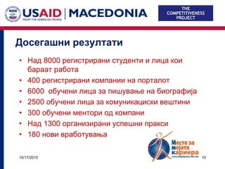 Досегашни резултати
• Над 8000 регистрирани студенти и лица кои
  бараат работа
• 400 регистрирани компании на порталот
• 6000 обучени лица за пишување на биографија
• 2500 обучени лица за комуникациски вештини
• 300 обучени ментори од компани
• Над 1300 организирани успешни пракси
• 180 нови вработувања

10/17/2010                                      10
 
