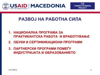 РАЗВОЈ НА РАБОТНА СИЛА

1. НАЦИОНАЛНА ПРОГРАМА ЗА
   ПРАКТИКАНТСКА РАБОТА И ВРАБОТУВАЊЕ
2. ОБУКИ И СЕРТИФИКАЦИОНИ ПРОГРАМИ
3. ПАРТНЕРСКИ ПРОГРАМИ ПОМЕЃУ
   ИНДУСТРИЈАТА И ОБРАЗОВАНИЕТО




10/17/2010                              2
 