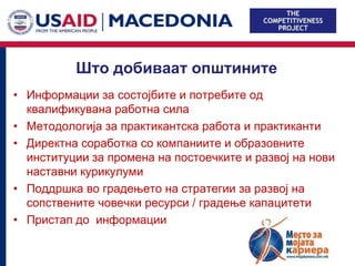 Што добиваат општините
• Информации за состојбите и потребите од
  квалификувана работна сила
• Методологија за практикантска работа и практиканти
• Директна соработка со компаниите и образовните
  институции за промена на постоечките и развој на нови
  наставни курикулуми
• Поддршка во градењето на стратегии за развој на
  сопствените човечки ресурси / градење капацитети
• Пристап до информации
 