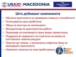 Што добиваат компаниите
• Обучени практиканти со проверени знаења и способности
• Потенцијални идни вработени
• Обука на ментори во компанијата
• Методологија за практикантска работа
• Промоција на компанијата преку видео презентации
• Поддршка во градењето на стратегии за развој на
  сопствените човечки ресурси
• Пристап до голема и регионално опфатена база на
  евалуирани практиканти
• Намалени трошоци за нови вработувања
 