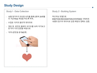 Study Design
Study1 - Data Collection Study 2 - Building System
머신러닝 모델으로
EMOTION RECOGNITION SYSTEM을 구축하여
15명의 참가자 데이터로 감정 매칭의 정확도 검증.
- 15명 참가자가 아이팟 터치를 통해 2회씩 20레벨
의 Fuit Ninja 게임을 하도록 하여,
- 수집된 터치의 물리적 데이터와
- 게임 후, 본인의 플레이 비디오를 보며 자가보고
한 터치 시의 감정을 바탕으로
- ‘터치-감정’을 분석&분류.
 